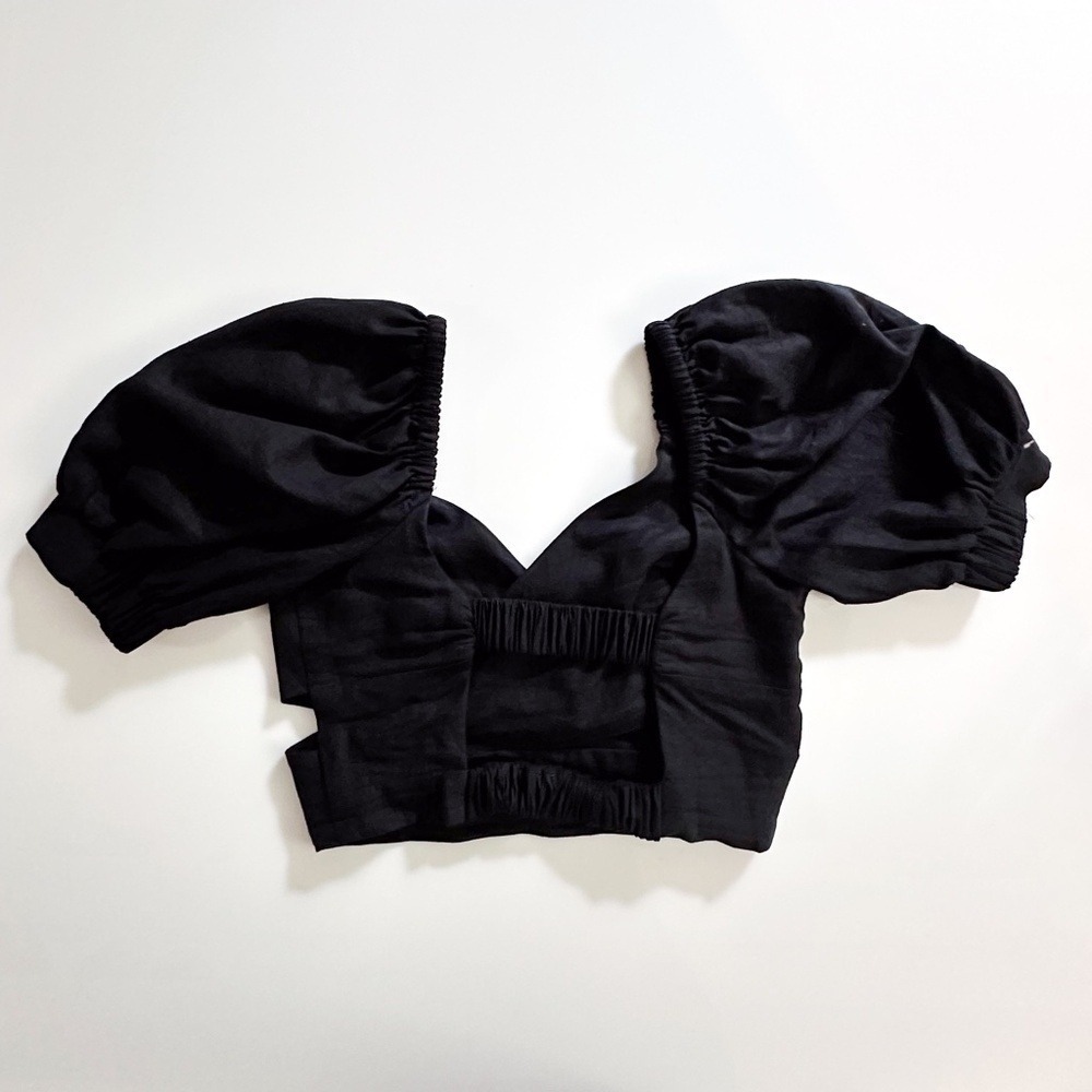 NWT Anthropologie‎ Black Crop Top Puff Sleeve Blouse Criss Cross Open Back Party - Picture 9 of 14